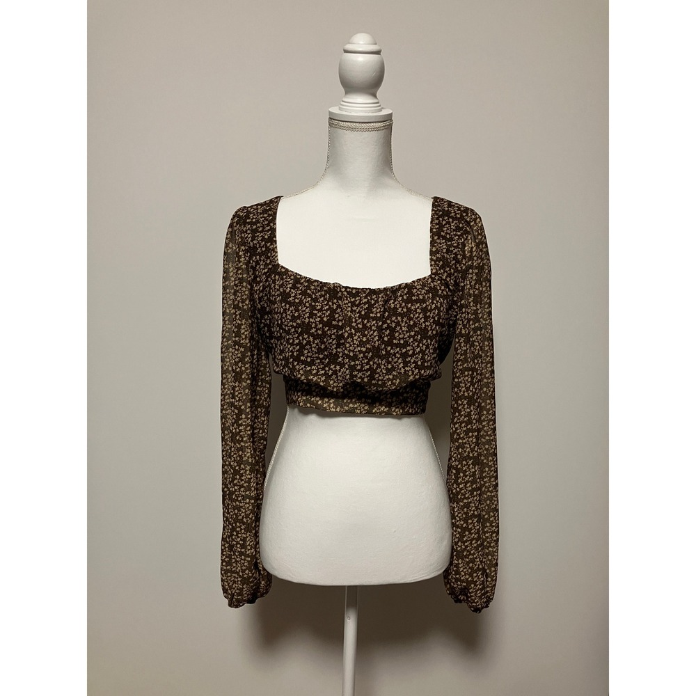 Altar'd State Women Floral Crop Top M Brown Long Sleeve Tie Back Chiffon